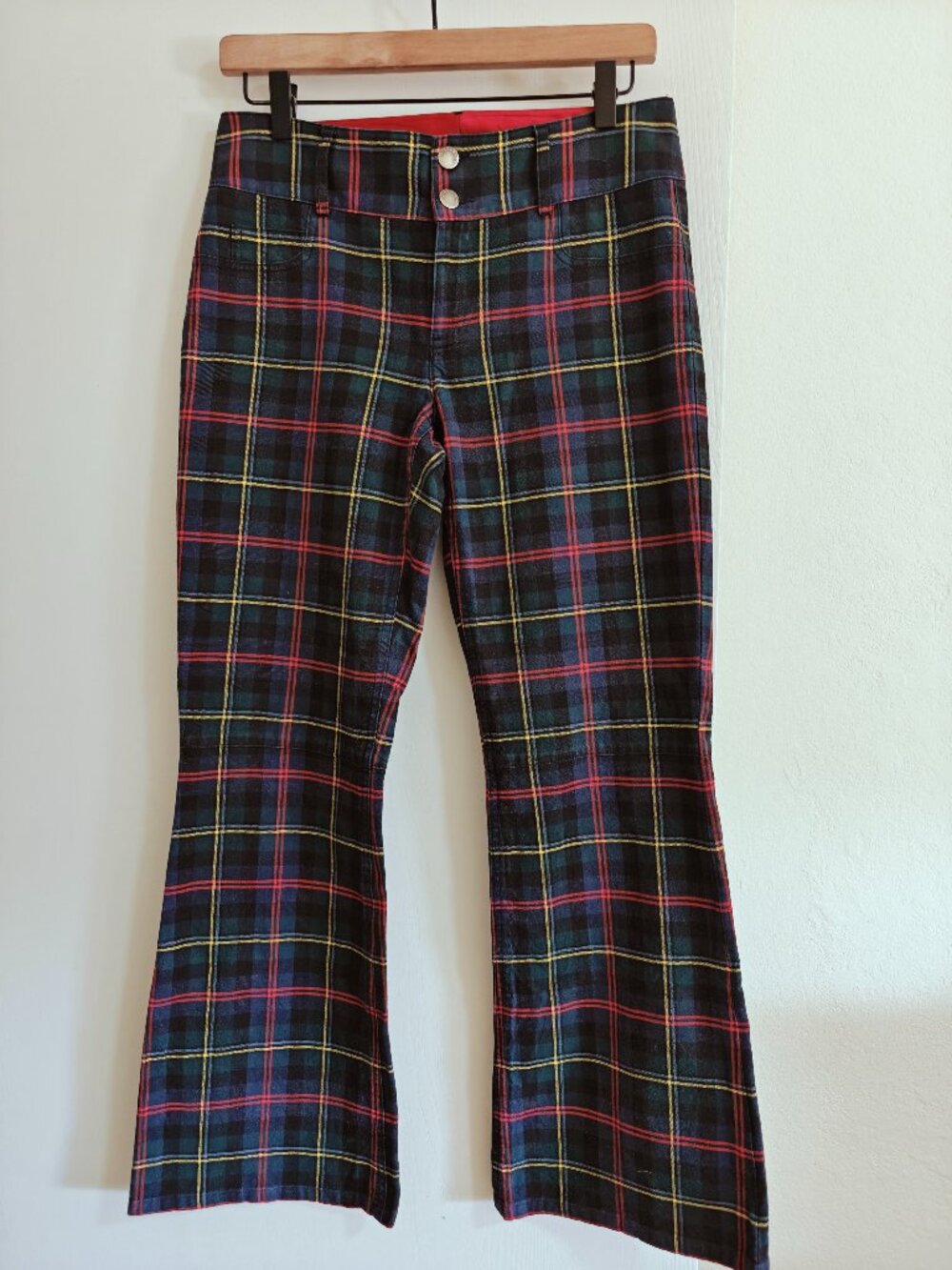 Alice + Olivia Tartan Plaid Flare Pants Navy Green Red Cotton Blend Size 6 - Picture 3 of 10